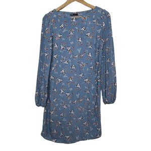 👗 OODJI | Blue Floral Dress Women Long Balloon Sleeves Shift | Size 38